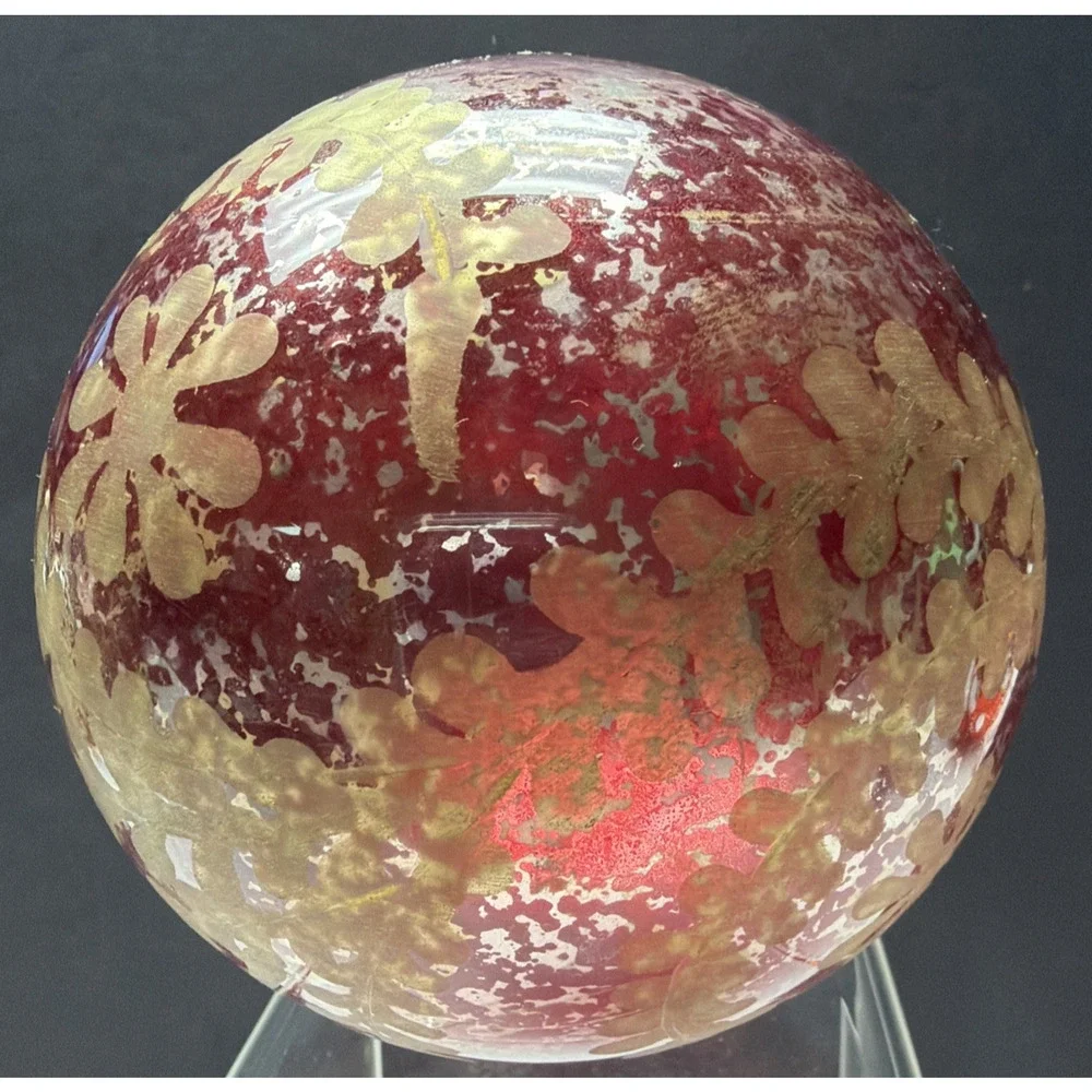 Pottery Barn Red Mottle Mercury Glass Ornament Gold Etched Snowflake As Is Read